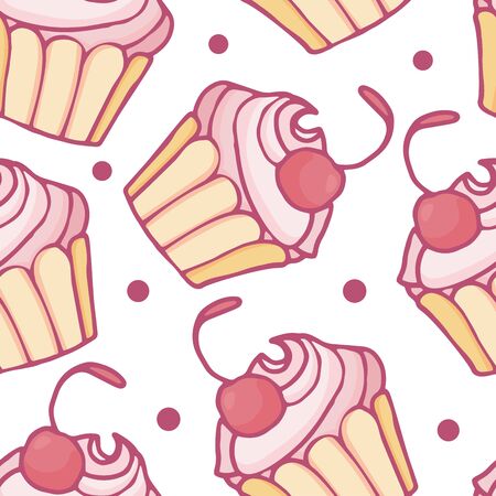 Seamless vector pattern with cute pink cupcake with cherry and dots. Doddle texture for design of wrapping paper or textile.のイラスト素材