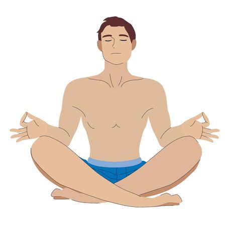Modern flat illustration in cartoon style with young male character sitting cross legged, meditaing and relaxing. Harmony, breathing and yoga design concept for poster or banner.のイラスト素材