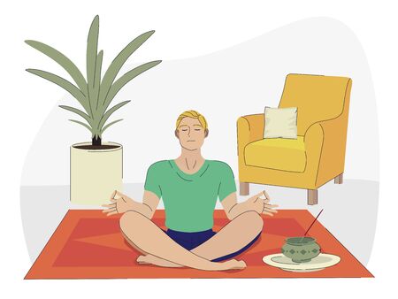 Modern flat illustration in cartoon style with young male character sitting cross legged, meditaing and relaxing at home. Harmony, breathing and yoga design concept for poster or banner.のイラスト素材