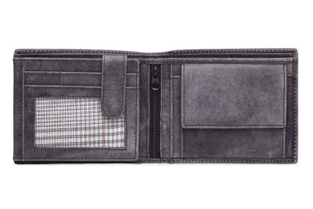 open, leather wallet on white background