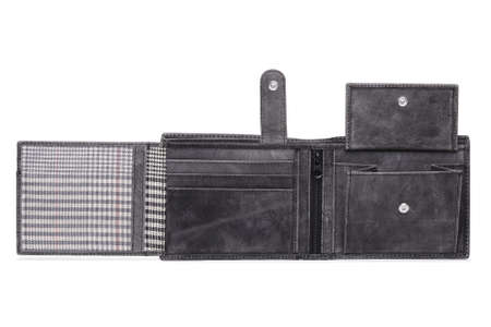 open, leather wallet on white background