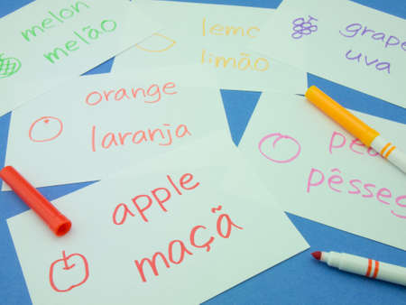Making language flash cards for fundamental words; apple, lemon, peach, melon, grape and orange.の写真素材