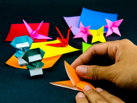 Japanese Origami Toys Folding Instructions; How to Playの写真素材