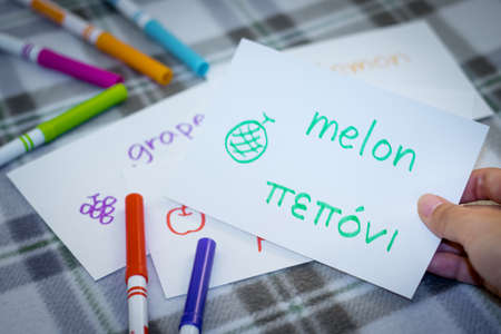 Greek; Learning New Language with Fruits Name Flash Cardsの写真素材
