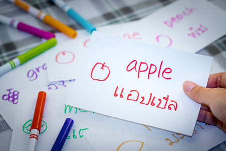 Thai; Learning New Language with Fruits Name Flash Cardsの写真素材