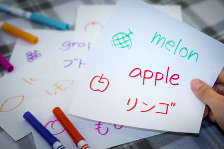 Japanese; Learning New Language with Fruits Name Flash Cardsの写真素材