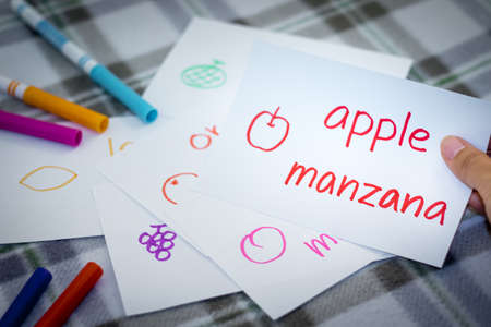Spanish; Learning New Language with Fruits Name Flash Cardsの写真素材