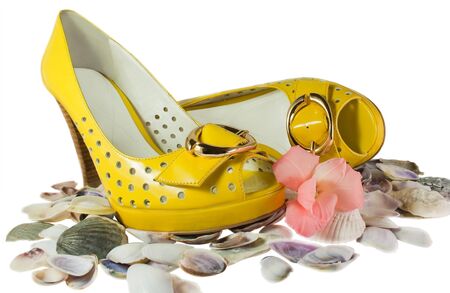 Pair of yellow shoes and seashells isolated on white backgroundの写真素材