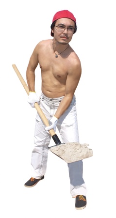 Handsome man with shovel isolated on white backgroundの写真素材