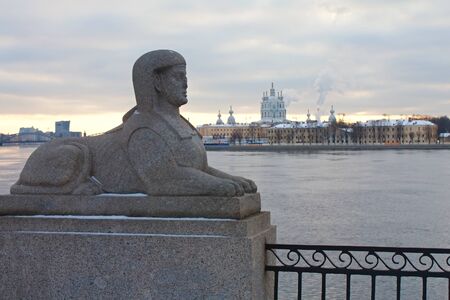 Antique Egyptian sphinx on quay of the Neva river. Saint-Petersburg, Russiaの写真素材
