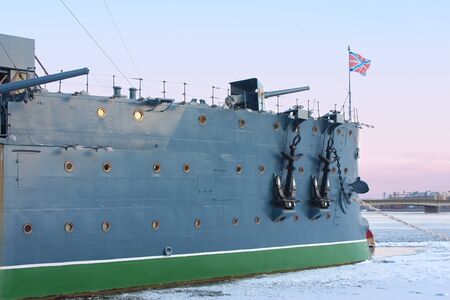 Close up of Legendary cruiser Aurora in winter day. Warship museum.  St. Petersburg, Russiaのeditorial素材