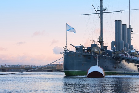 Close up of Legendary cruiser Aurora in winter day. Warship museum.  St. Petersburg, Russiaのeditorial素材
