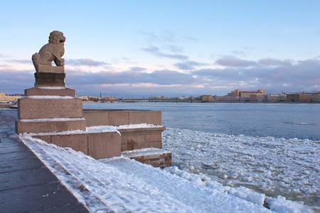Chinese Imperial Lion, also called Guardian Lion. Winter landscape in St. Petersburg, Russiaの写真素材