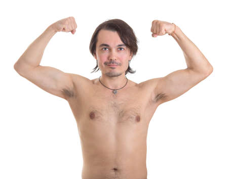 Handsome middle aged man flexing his muscles, isolated on white background