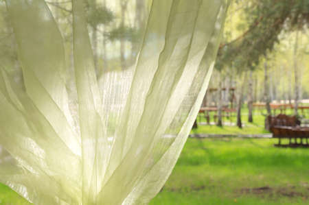 window with green curtains and spring park behind itの写真素材