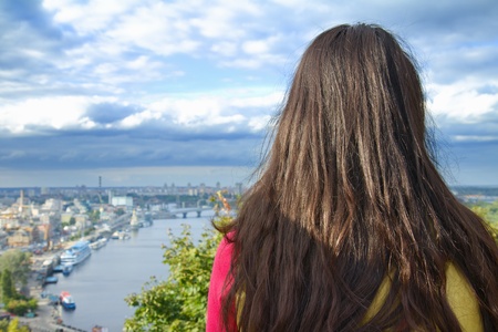 Young beautiful traveler woman with long healthy hairsの写真素材