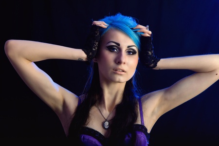 Portrait of gothic woman with blue hairsの写真素材