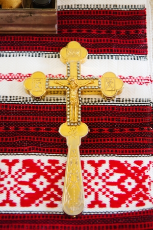 Orthodox cross prepared for ceremony in russian churchの写真素材