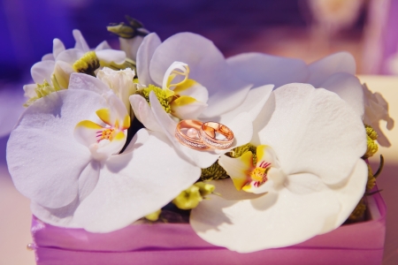 Two beautiful wedding rings in orchid bouquetの写真素材