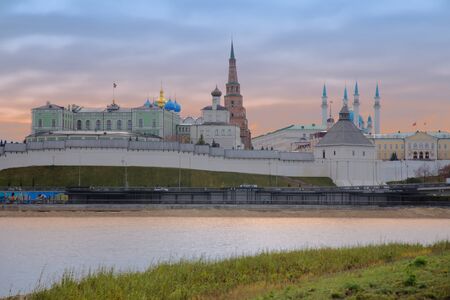 View of the Kazan Kremlin with Presidential Palace, Annunciation Cathedral, Soyembika Tower and Qolsharif Mosque from Kazanka River, Kazan, Republic of Tatarstan, Russia.の写真素材