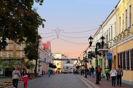 Grodno, Belarus - September 02, 2012: Pedestrianised street with a lot of tourists walking in Grodno city center, Belarusのeditorial素材