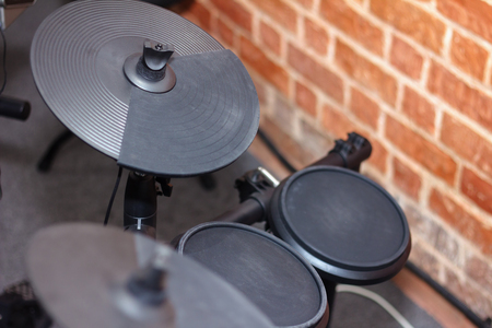 Closeup of an electronic drum kit setsの写真素材