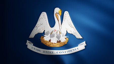 Louisiana flag with fabric texture that moves in the wind. Smooth movement of the waving flag in a perfect loop. Blue, white, freedom, country, nation, USA state.の写真素材