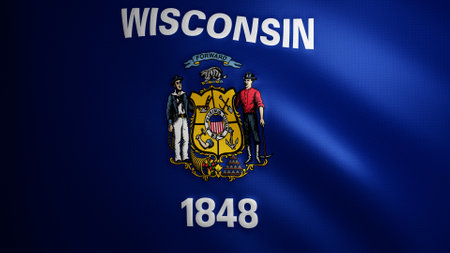 Wisconsin flag with fabric texture that moves in the wind. Smooth movement of the waving flag in a...