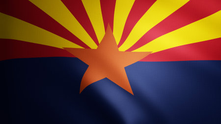 Arizona flag with fabric texture that moves in the wind. Smooth movement of the waving flag in a perfect loop. Blu, red, freedom, country, nation, USA state.の写真素材