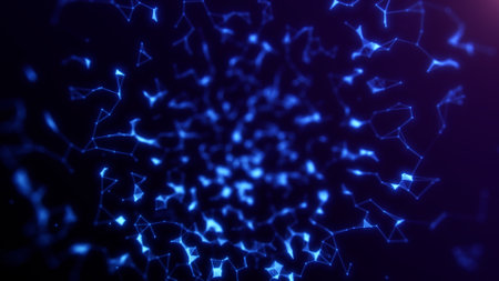 Abstract plexus geometrical shape technology backdrop with shiny moving lines, dots and triangles on...