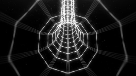 Abstract glowing black and white digital VJ tunnel made by lines and bokeh particles moving on the dark background. Futuristic, Sci Fi, Cyberspace, Technology, Neon Tube, Empty Space.の写真素材