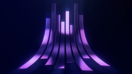 Abstract digital flow of multicolored glowing metal lines on futuristic surface. Wall surface of...