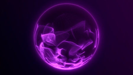 Abstract digital energy glowing sphere, neon purple orb with wave-shaped particles levitating in space. Magic dynamic flowing shiny futuristic ball on dark background.の写真素材