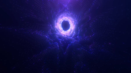 Abstract digital flow of Sci Fi glowing purple energy tunnel on dark background. Magical, futuristic, particles, lines, neon, cyberspace, technology, wormhole, VJ.の写真素材