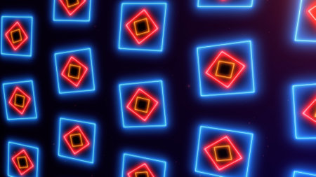 Abstract surface wall of glowing rotating multicolored shapes in space. Flow of blue red orange neon shiny square elements on a dark background with particles.の写真素材