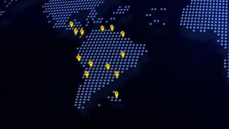 World map with dots, East America, Capital cities, Transportation, Travel, Business, distribution of services. Global Communications Network Digital abstract minimalist tech concept, illustrationの写真素材