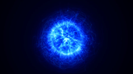 Abstract blue glowing wave of energy particles. Magical shiny digital sphere of blue fire, flowing...