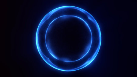 Blue magic energy orb of shiny plasma on a dark background. Glowing sphere surrounded by vibrating energy waves against a digital sci fi futuristic technology space backdrop.の写真素材