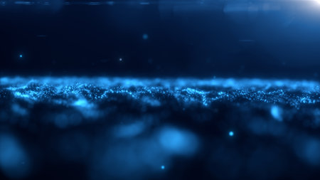 Blue glowing magic energy wave with blur effect from digital particles and dots bright shiny on a dark blue abstract background. futuristic sci fi concept.の写真素材