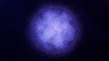 Shiny purple particles sphere on dark technology cyberspace background. Magic glowing cloudy orb...