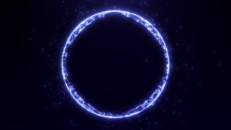 Shiny waveform purple sphere made of glowing lines and dots on dark flowing particles background. Vj...