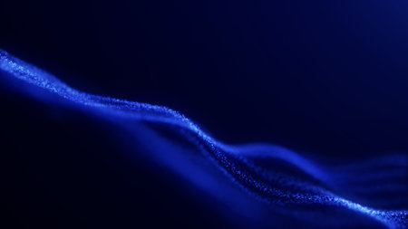 Shiny blue energy waves from glowing particles flowing on dark technology background. Digital modern...