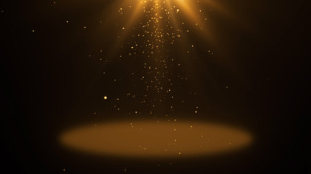 Abstract golden stage podium with smooth shiny light and glittering particles. Fashion award ceremony backgroundの写真素材