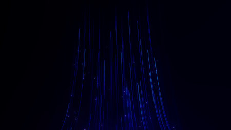 Blue neon digital lines stream flowing up with shiny magic particles on dark background