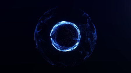 Dark blue digital glowing energy particles sphere. Magic shiny waveform orb on dark futuristic backgroundの写真素材