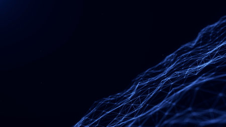 Digital network comes from a polygonal connection using dots and lines, consisting of a dark blue...