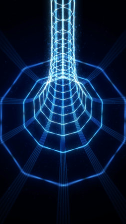 Futuristic abstract tunnel with glowing neon blue grid lines on black background. Ideal vertical...