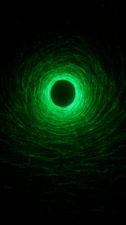 Green digital tunnel with glowing particles and depth. Ideal vertical abstract background for tech, matrix, hacker or cyberpunk visuals.の写真素材