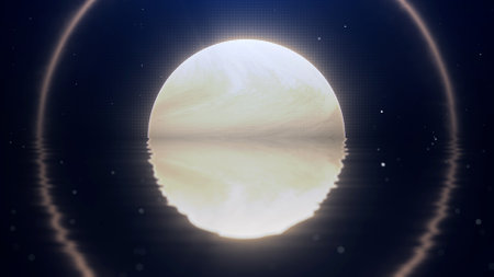 Surreal abstract illustration of a glowing planet reflected on tranquil water with gentle waves....