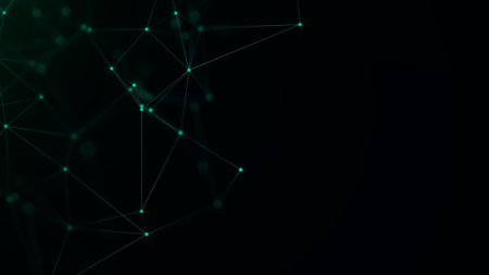 Abstract technology illustration with glowing dots and connecting lines on a dark background....